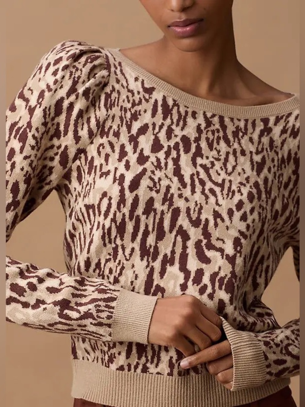 Maeve by Anthropologie Beige and Brown Leopard-Print Puff-Sleeve Sweater size 3X